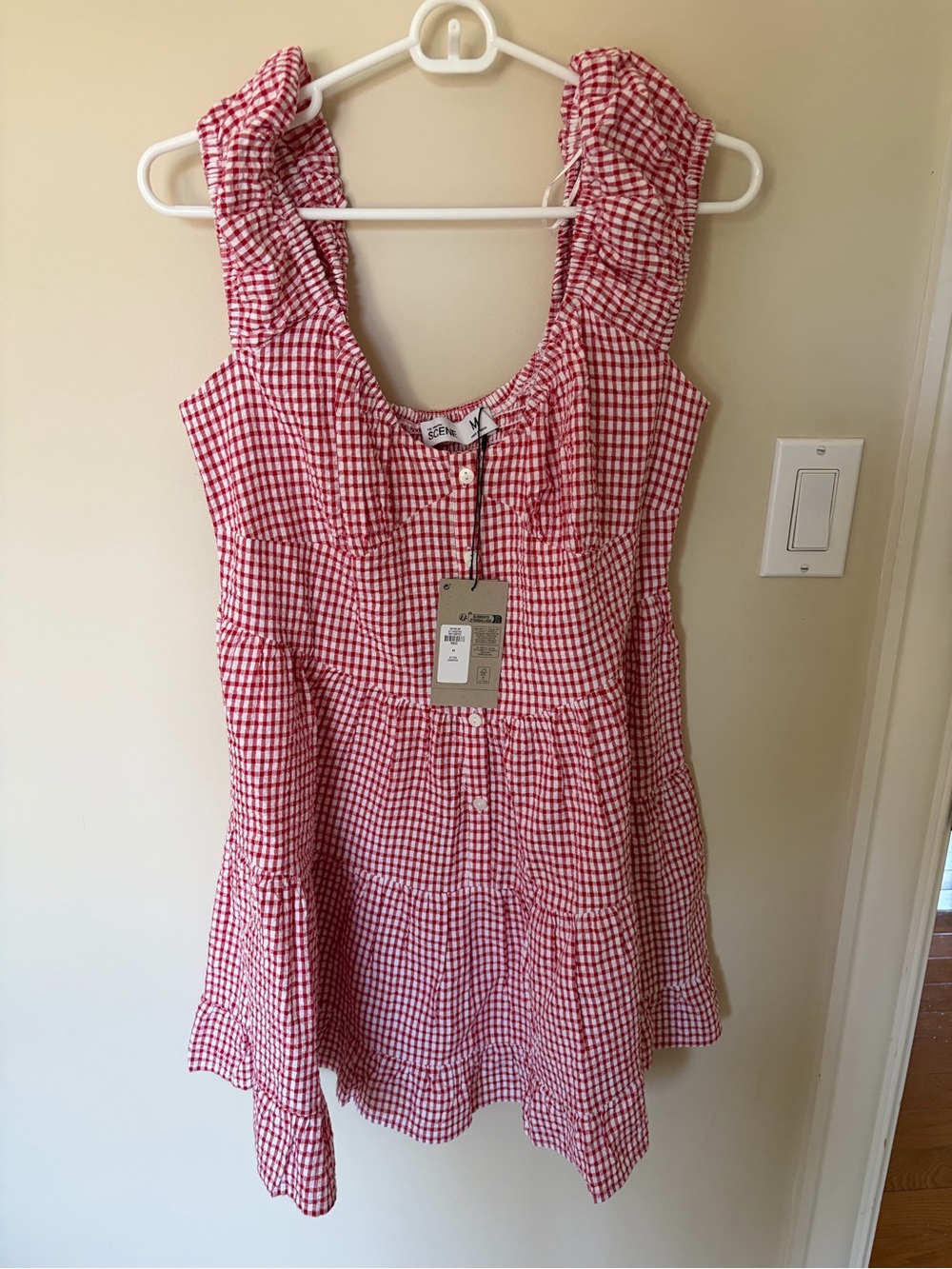 Scene Weaver Red Gingham Ruffle-Shoulder Sundress